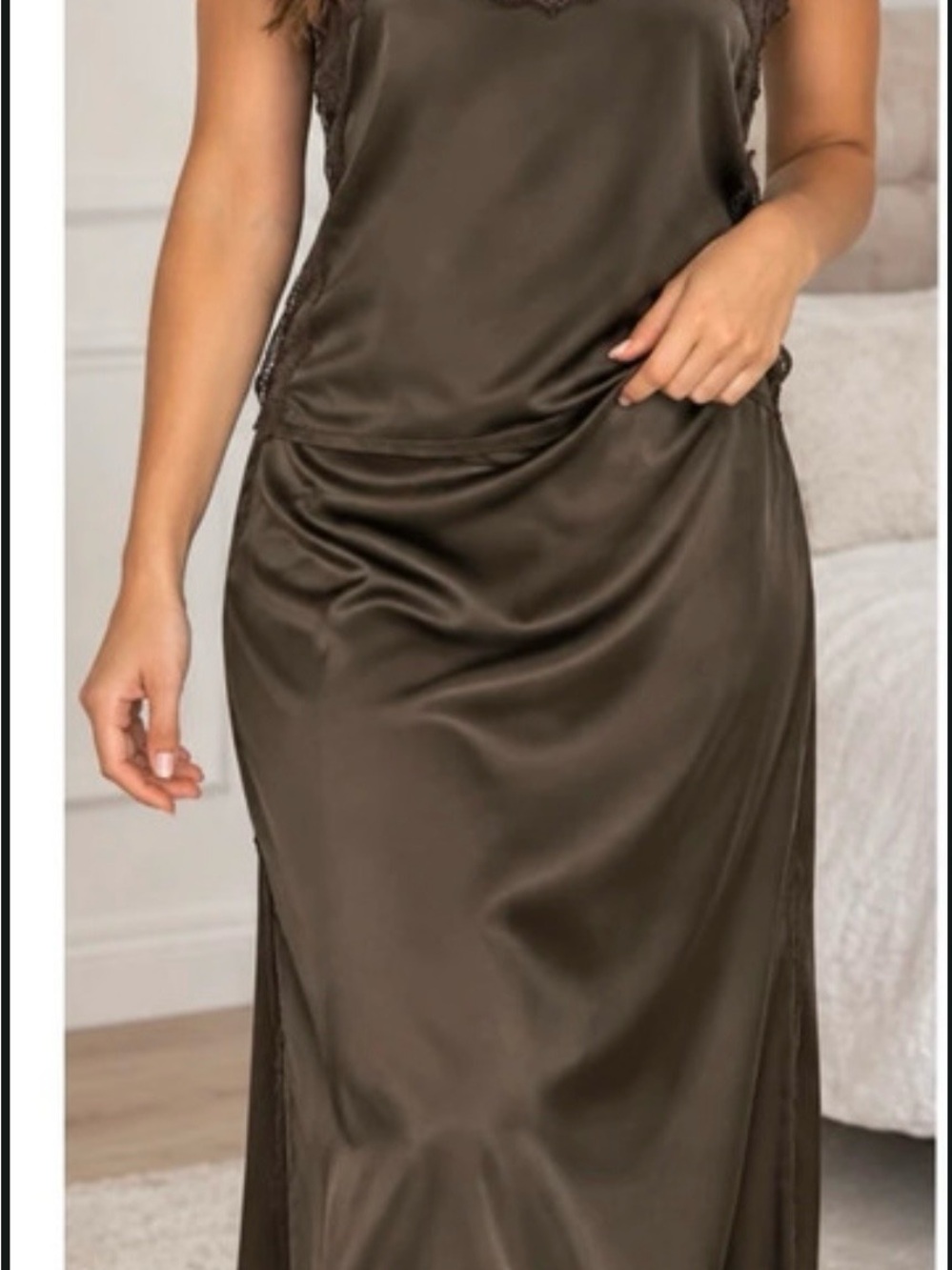 Vigoss Olive Satin Slip Dress with Lace Trim